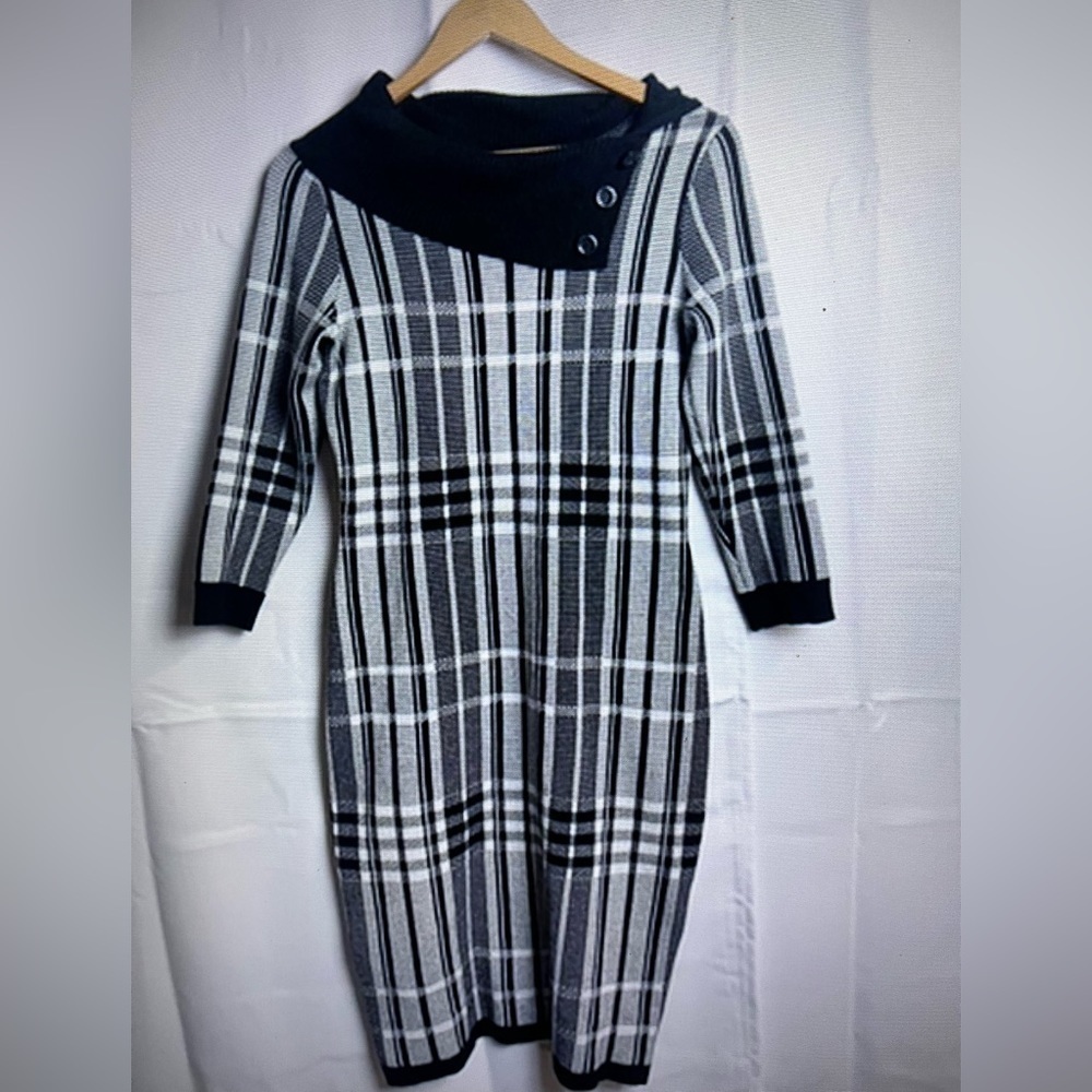 Danny Nicole Womens Knit Plaid Black White Sweater Dress 3/4 Sleeve Sz S